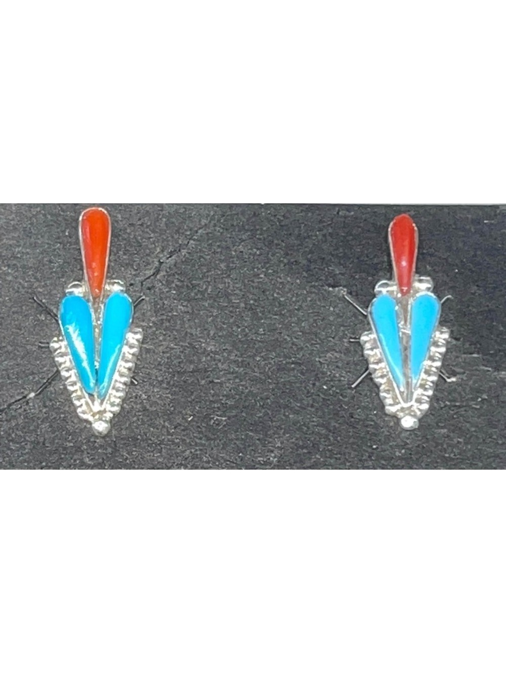 Native American Zuni sterling silver inlay turquoise, coral earrings post